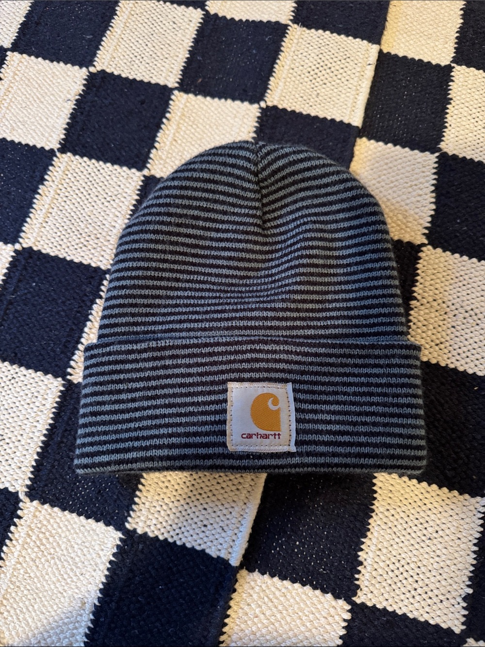 Carhartt Blue & Navy Striped Knit Cuffed Beanie Kit Hat - One Size